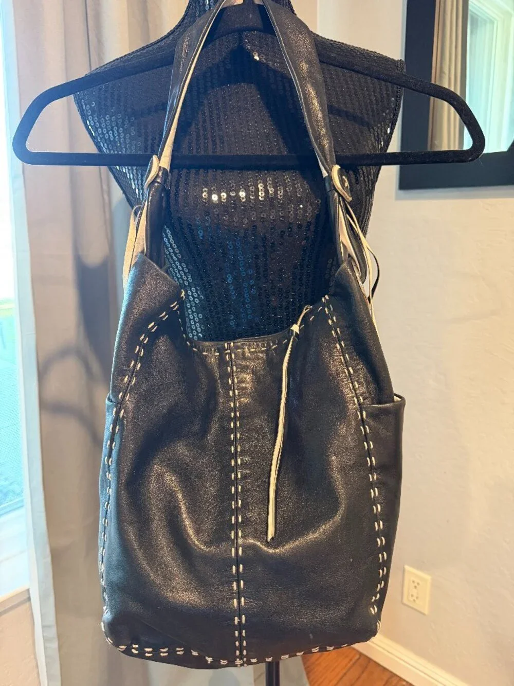 Francesco Biasia Black Leather Hobo Bag Slouchy Shoulder Bag Contrast Stitch